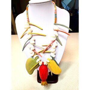 Vintage Whimsical Shell and Wood Fruit Salad Pineapple Colorful Necklace 23 inch